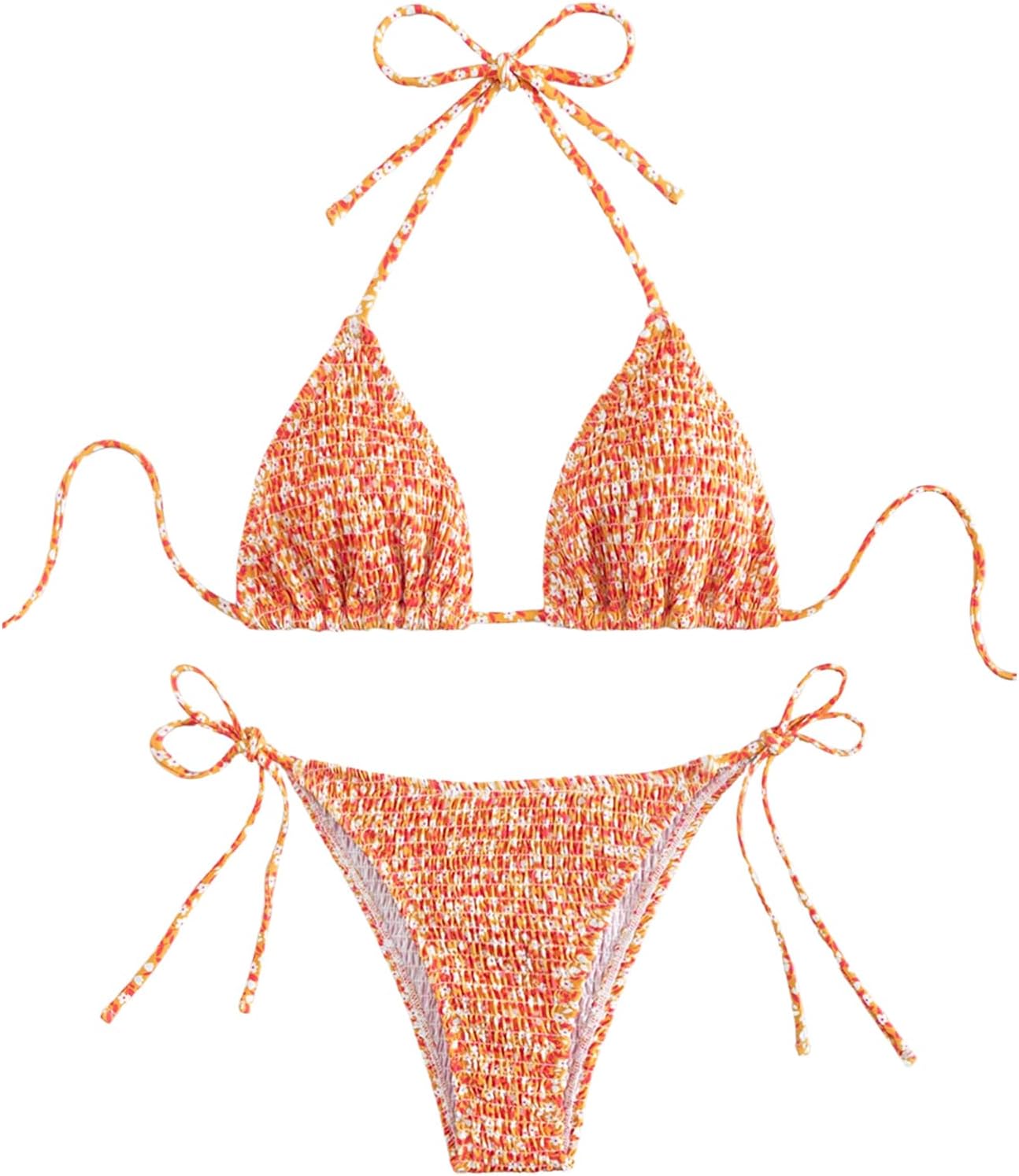 Women's 2 Piece Floral Bikini Sets Smocked Drawstring Side Triangle Halter Sexy Cute Swimsuits