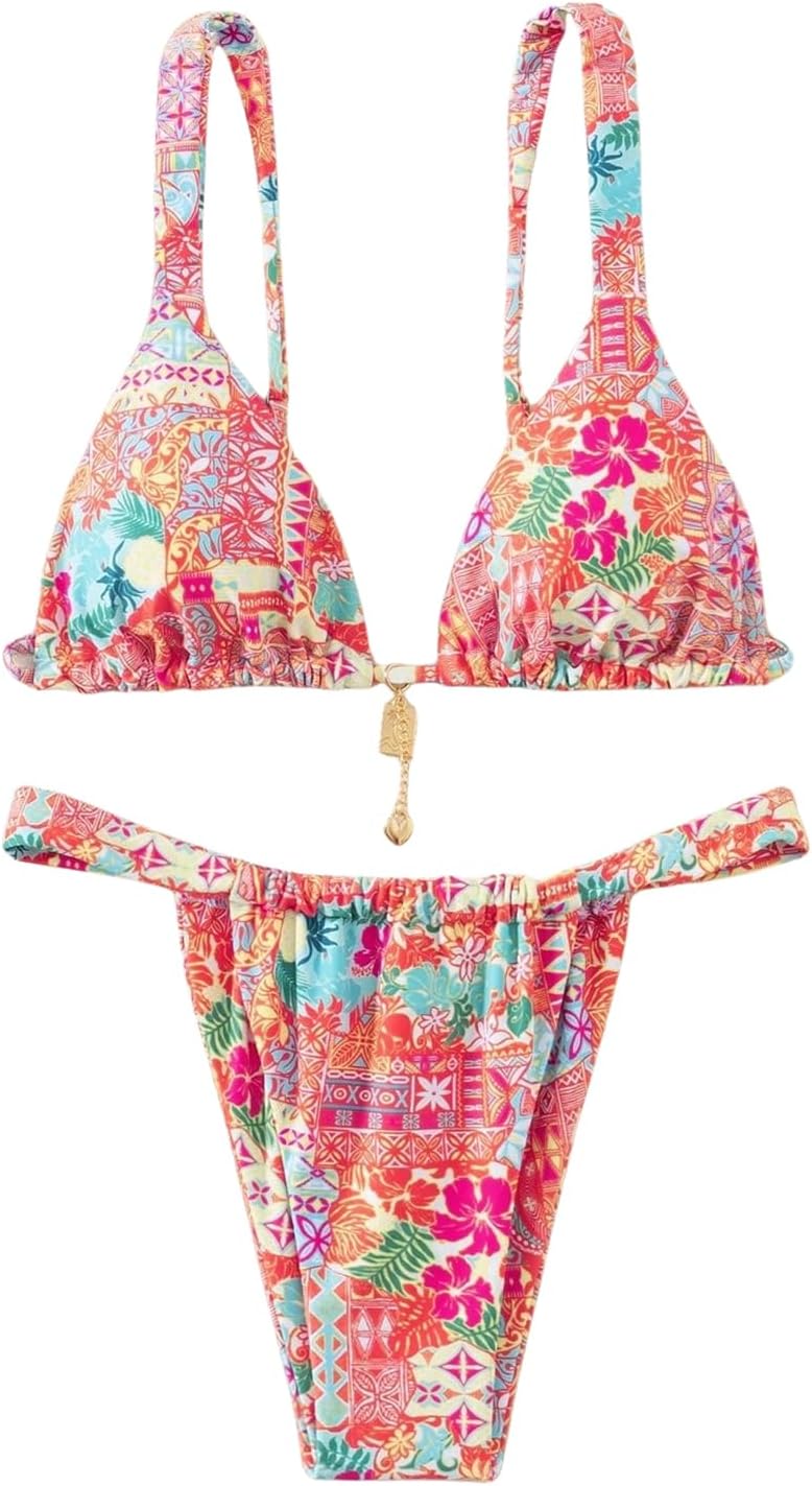 Women's 2 Piece Floral Tropical Print Bikini Set Boho Triangle Bathing Suit Tie Backless Swimsuit Sets