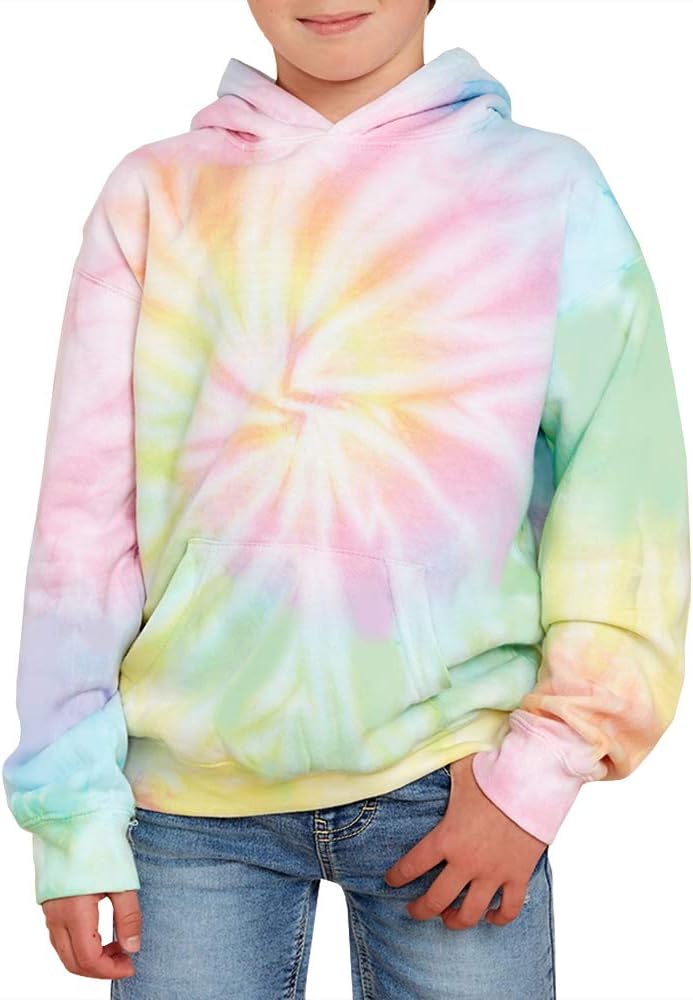 Unisex Kids Tie Dye Sweatshirt Boys Girls Hooded Kangaroo Pocket Pullover Hoodies