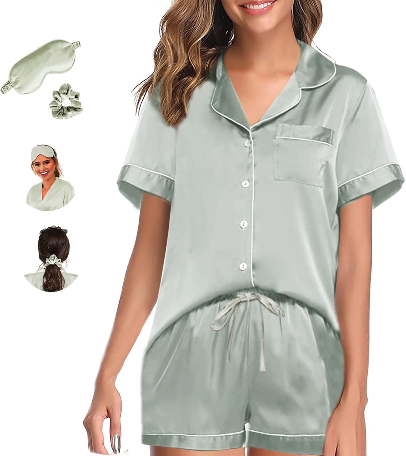 Womens Pajama Sets XS-4XL Silk Satin Pajamas Set Floral 2Pcs Pj Sets Button Down Pjs Set Sleepwear Loungewear Sage-a Small