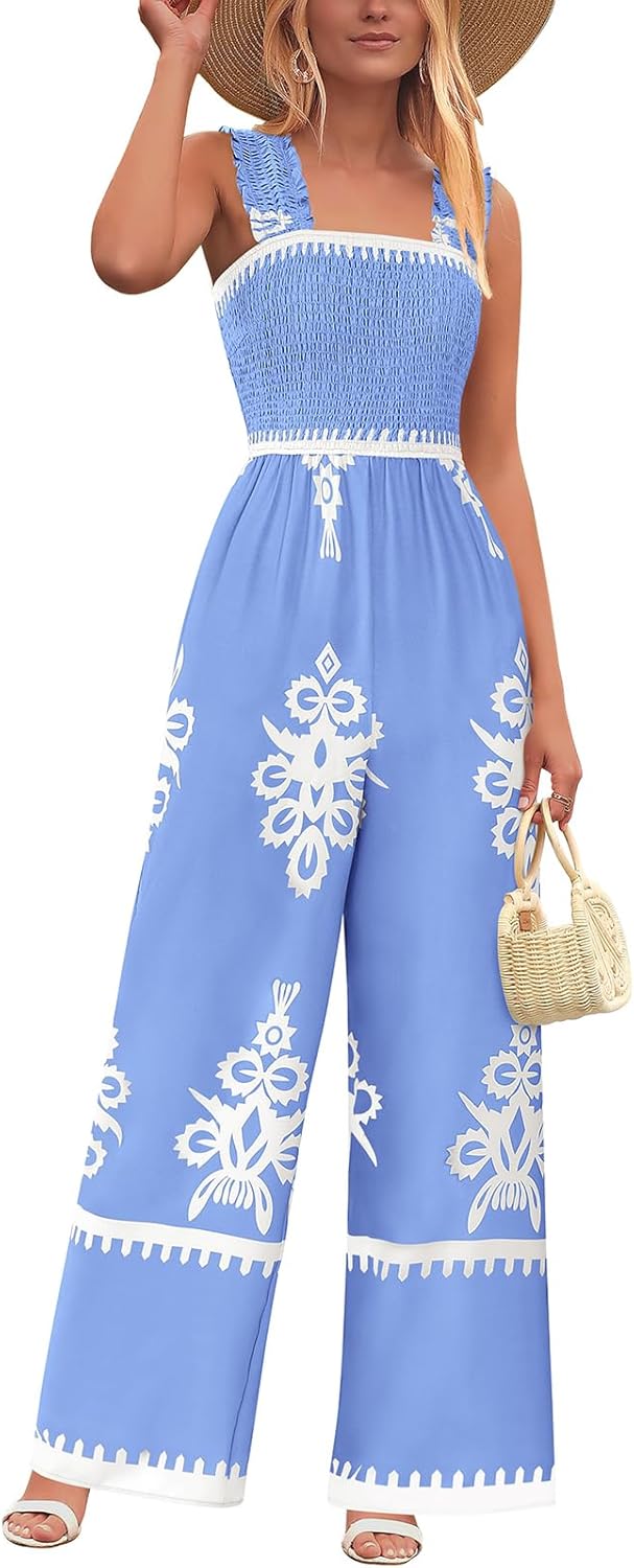 Womens Jumpsuit Casual One Piece Boho Summer Outfits Shirred Strap Wide Leg Long Pants Rompers With Pockets