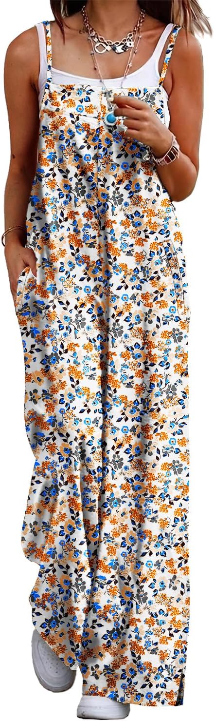Women's Summer Boho Casual Jumpsuits Wide Leg Overalls Floral Print Baggy Rompers with Pockets PZZCR X-Large Floral 377