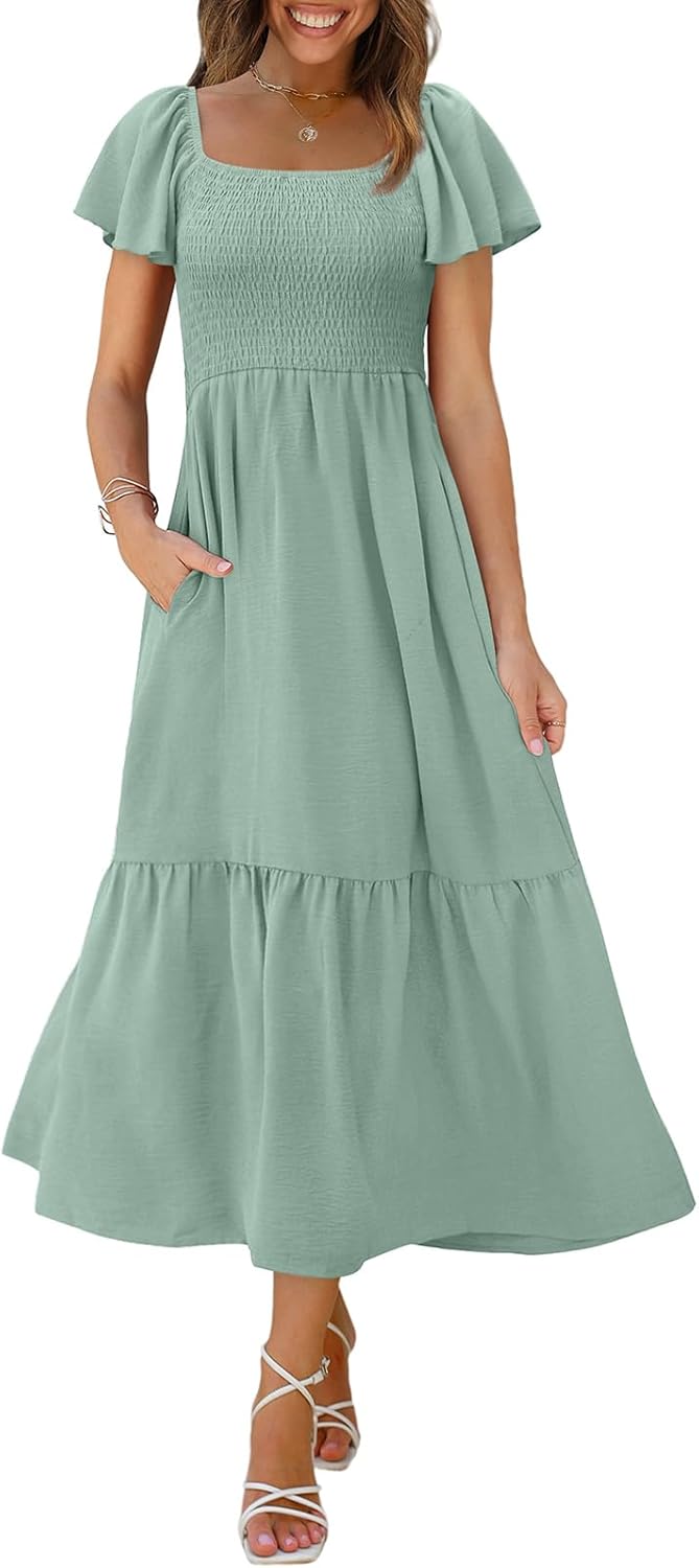 Maxi Dresses for Women Square Neck Flutter Sleeve Smocked Dress with Pockets
