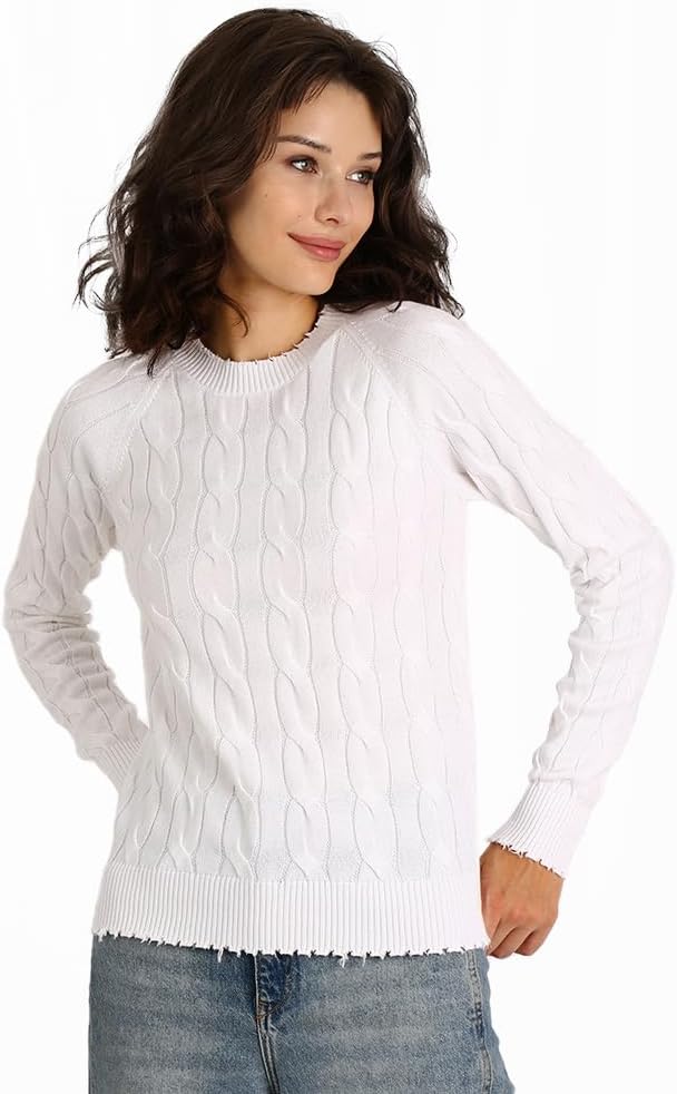 Women's Long Sleeve Crewneck Cable Cotton Frayed Sweater
