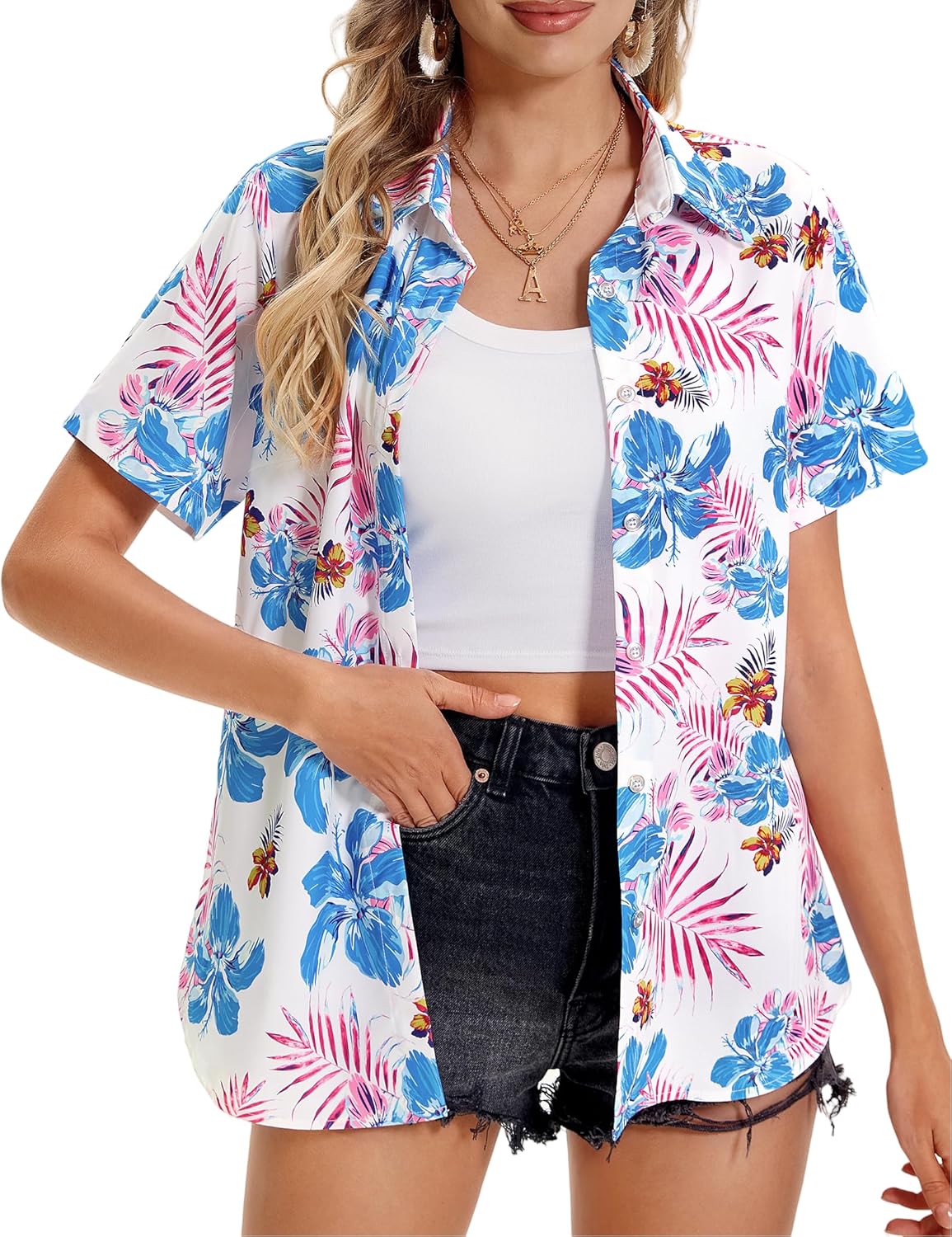 Womens Hawaiian Shirt Soft Cool Summer Hawaii Shirts Floral Tropic Print V Neck T-Shirt Short Sleeve Button Up Tops Floral White X-Large