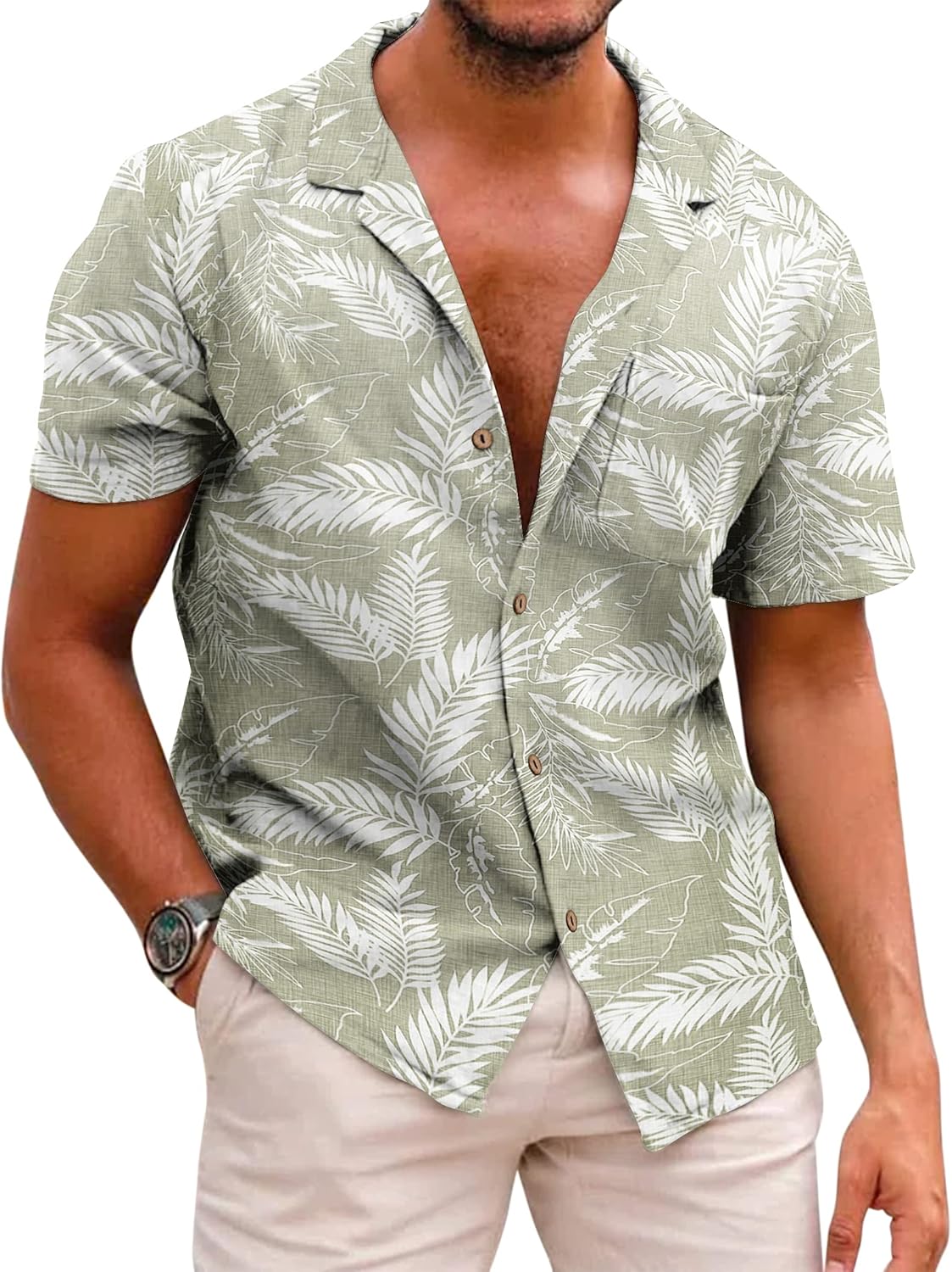 Men's Hawaiian Floral Shirts Cotton Linen Button Down Tropical Holiday Beach Shirts A-green- Palm Leaf XX-Large