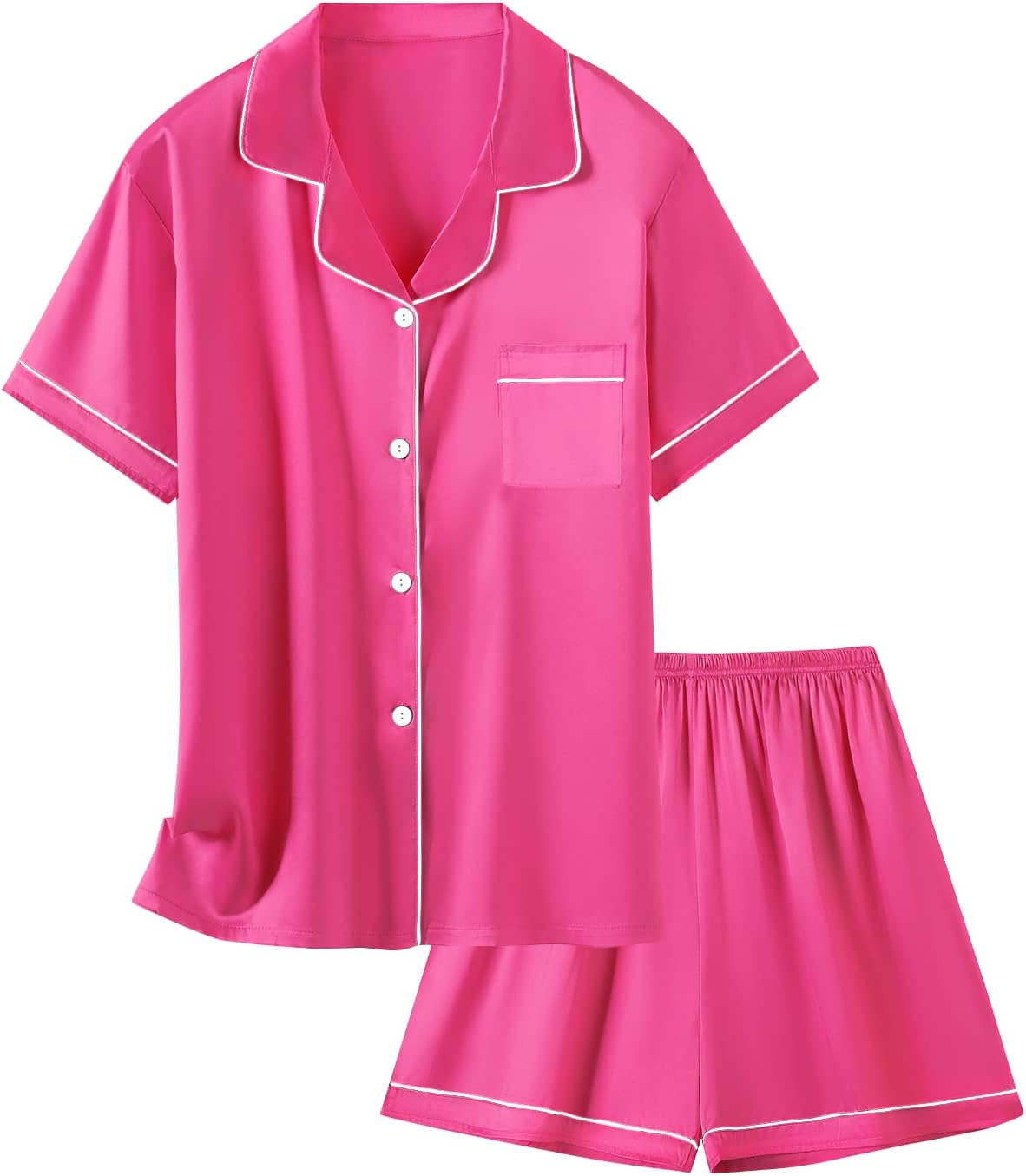 Girls Womens Pajamas, Satin Silky Pjs Set Kids 2Pcs Button-Down Nightwear Sleepwear Gift for Mommy and me Girl 7-8 Years Hot Pink