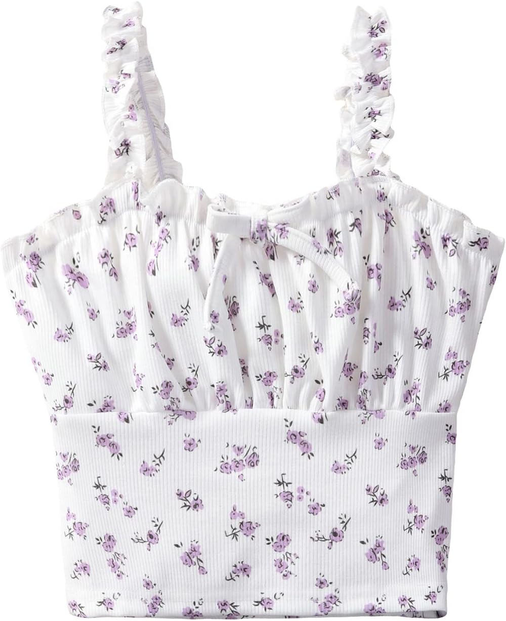 Girl's Ditsy Floral Print Frill Trim Cami Crop Top Cute Summer Tops Preppy Clothes