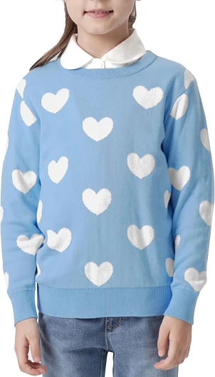 Girls Sweaters 100% Cotton Kids Sweater Holiday Teen Winter Pullover Crew Neck Long Sleeve Knit Top 10-12 Years Blue & Heart