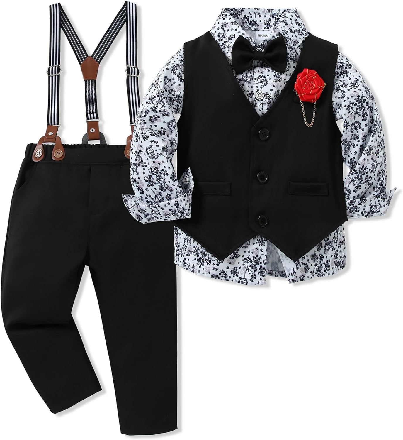 Toddler Boy Clothes Suit Formal Dress Shirt+Bowtie+Vest+Boutonniere+Suspender Pants Boys Gentleman Outfits Set