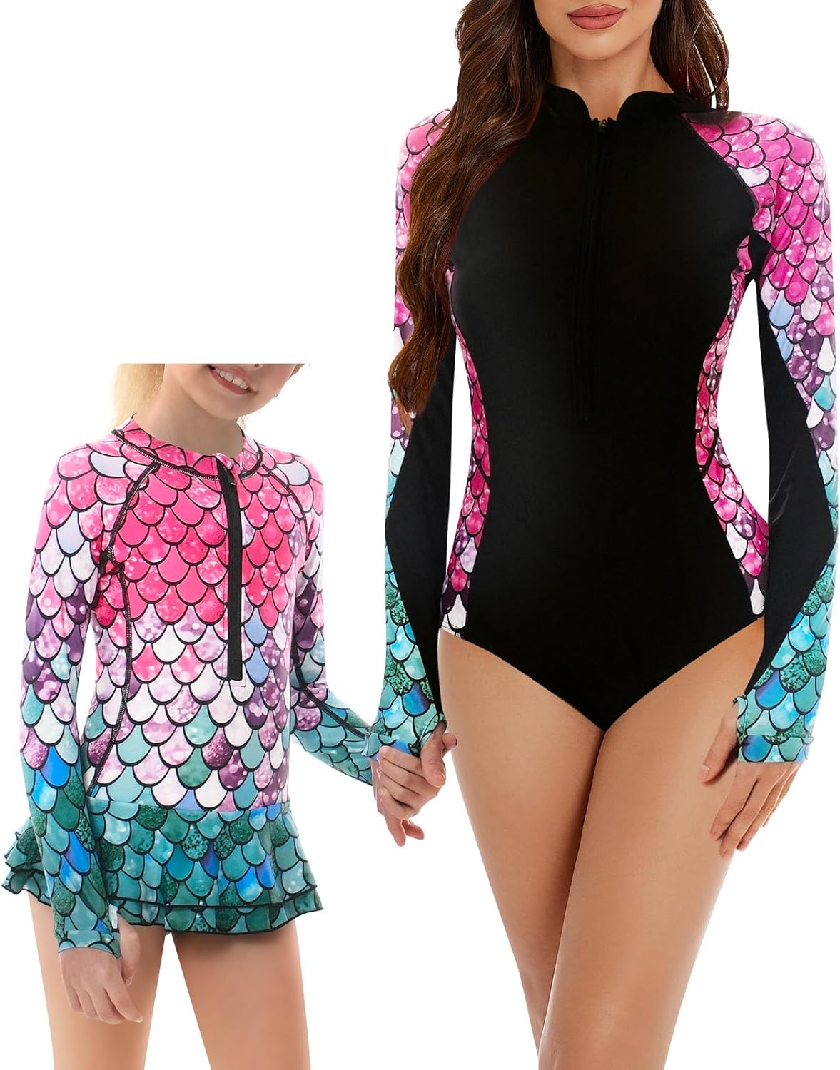 Women and Girls Matching Swimsuit: Long Sleeve One Piece Rash Guard Bathing Suit UPF 50+ (Please Order Separately)