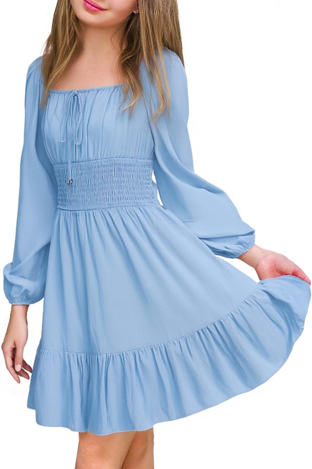 Girls Ruffle Tiered Smocked Puff Long Sleeve Dress White Size 4 to Size 15