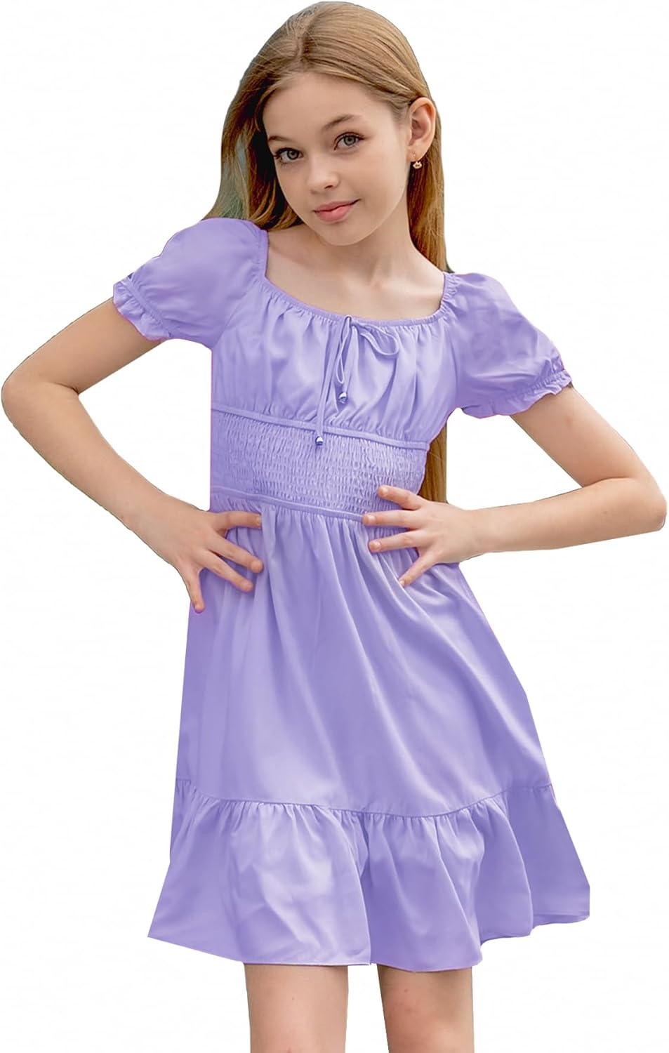 Off The Shoulder Summer Dress Girls Smocked Ruffle Puff Sleeves Teen Skirt