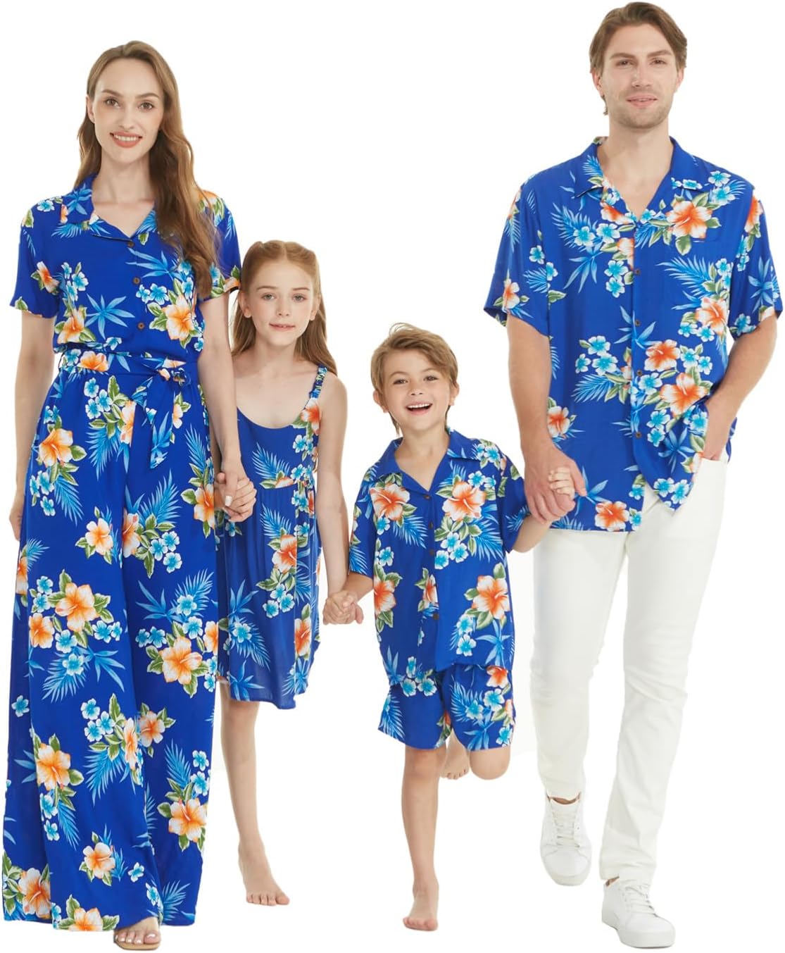 Matchable Family Hawaiian Luau Men Women Girl Boy Clothes in Hibiscus Blue Big Boy 12 Years Boy Short Sleeve