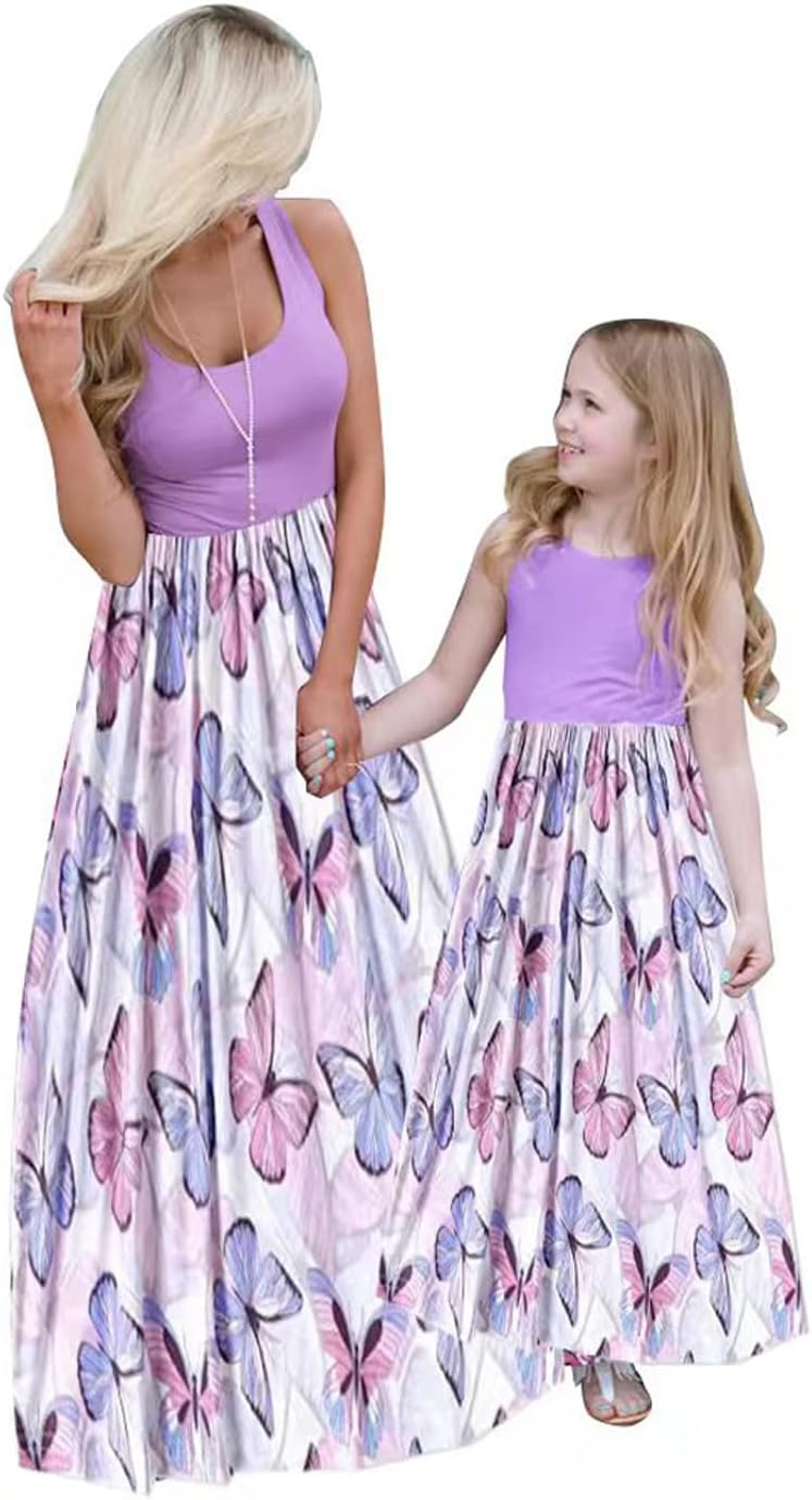 Mommy and Me Family Outfits, Stripe Stitching Dress,Summer Matching Maxi Dress with Pocket for Mother's Day
