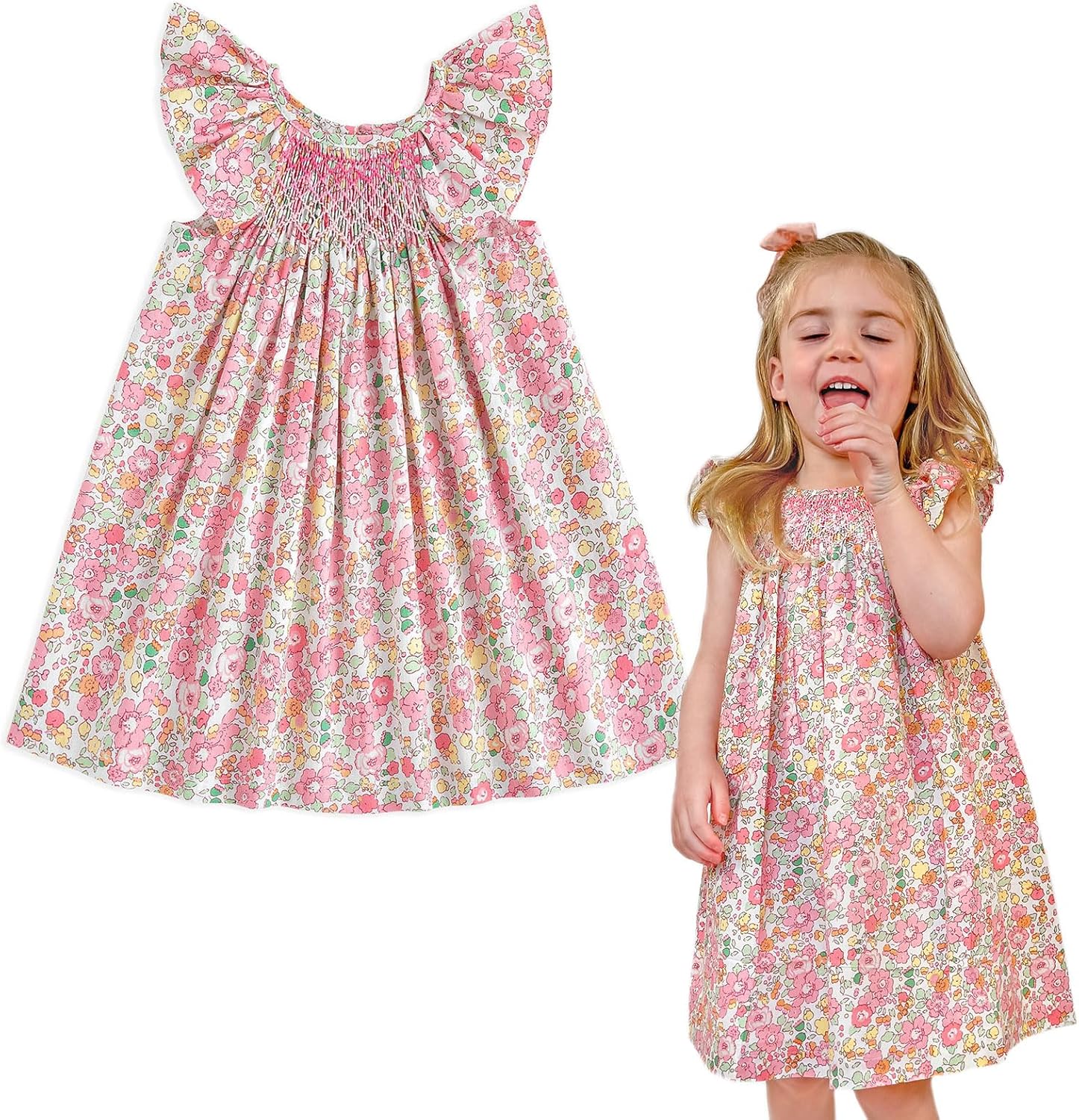 Baby Girls Casual Dress Toddler Smocking Dress Floral Print Sundress for Spring Summer 1-6 Years