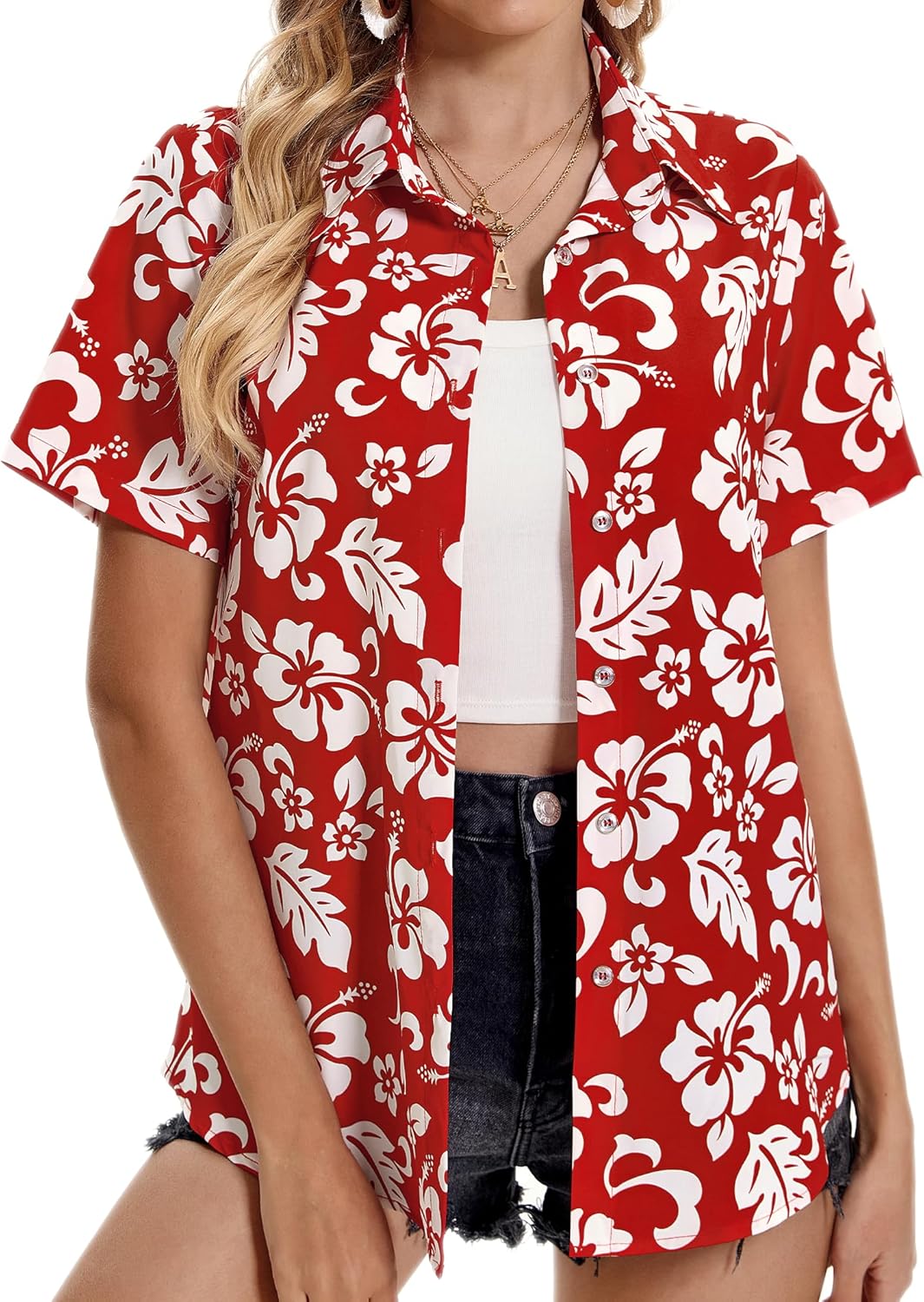 Hawaiian Shirts for Women Tropical Shirt Summer Beach Hawaii Button Down Short Sleeve Blouses Floral Tops Hawaii Outfits 2025 A-flower Red Medium