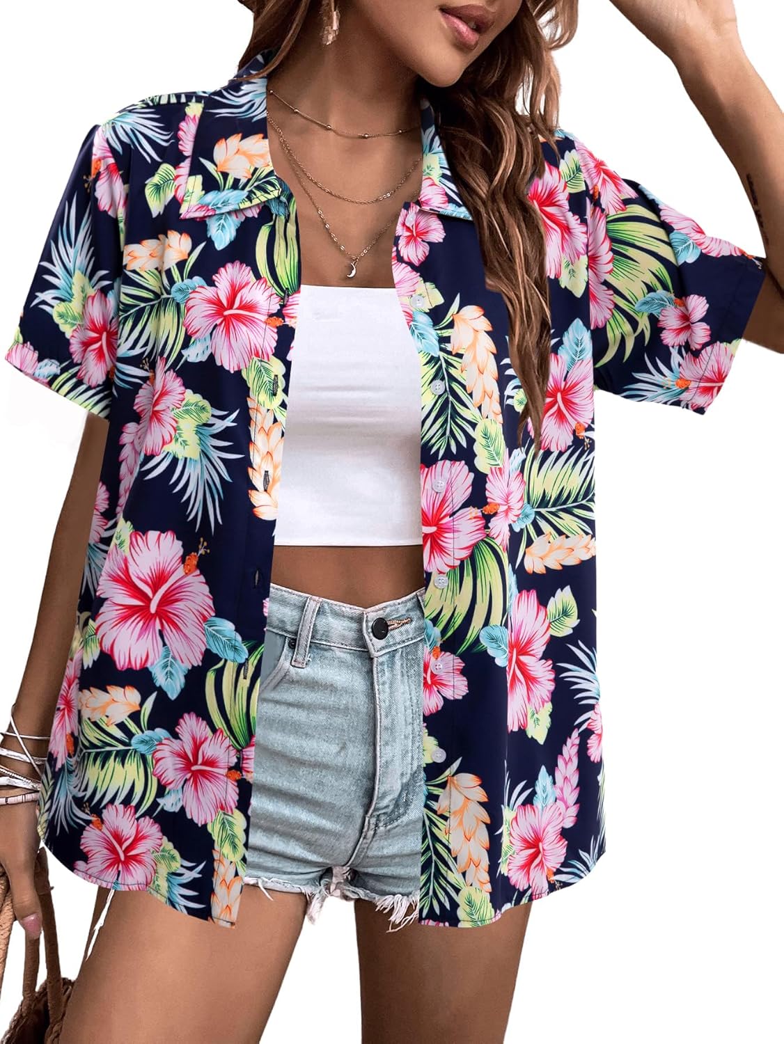 Women Hawaiian Shirt Soft Cool Summer Hawaii Shirts Floral Tropic Print V Neck T-Shirt Short Sleeve Button Up Tops Small Blue Pink Flower
