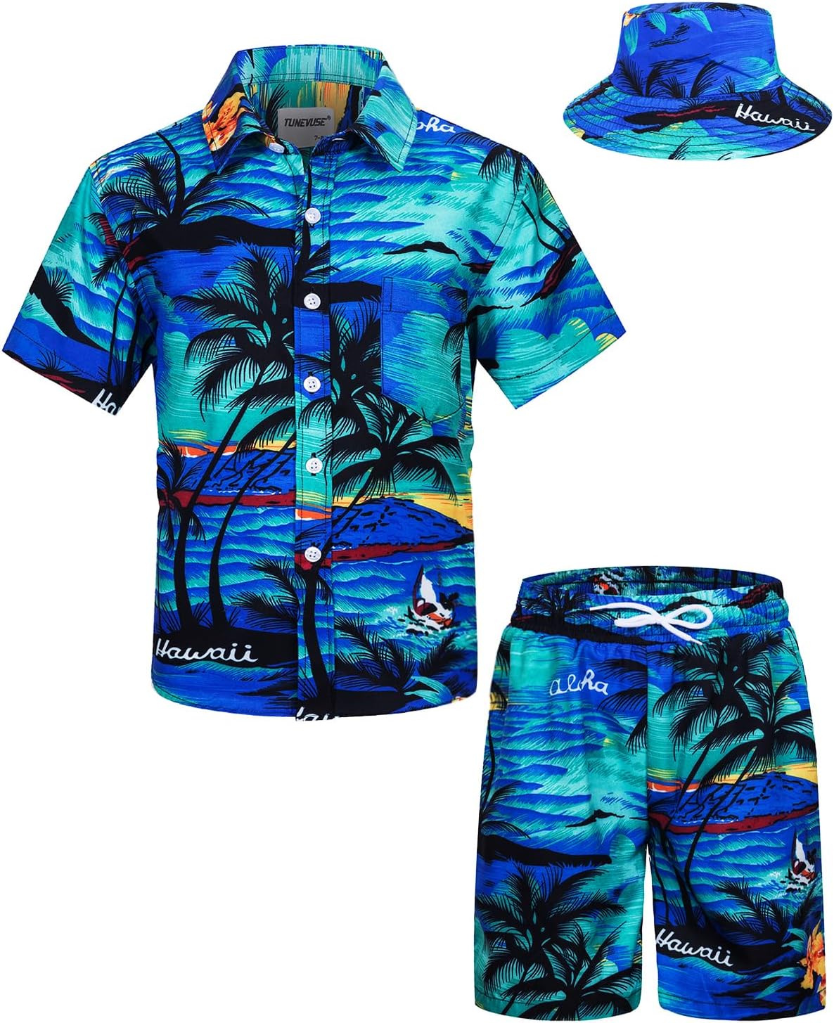 Little & Big Boys Hawaiian Button Down Shirts and Short Sets with Bucket Hat Summer Outfits Printed Kids Cabana Set 9-10 Years Blue05