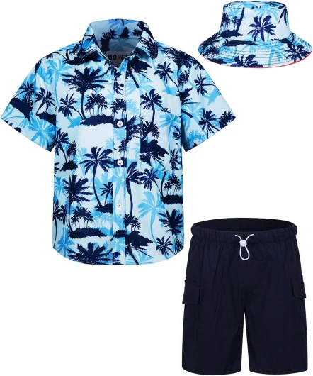 Boys Hawaiian Shirt and Short Set Summer Outfit Kids 2 Piece Clothes Set With Bucket Hat 11-12 Years Blue12