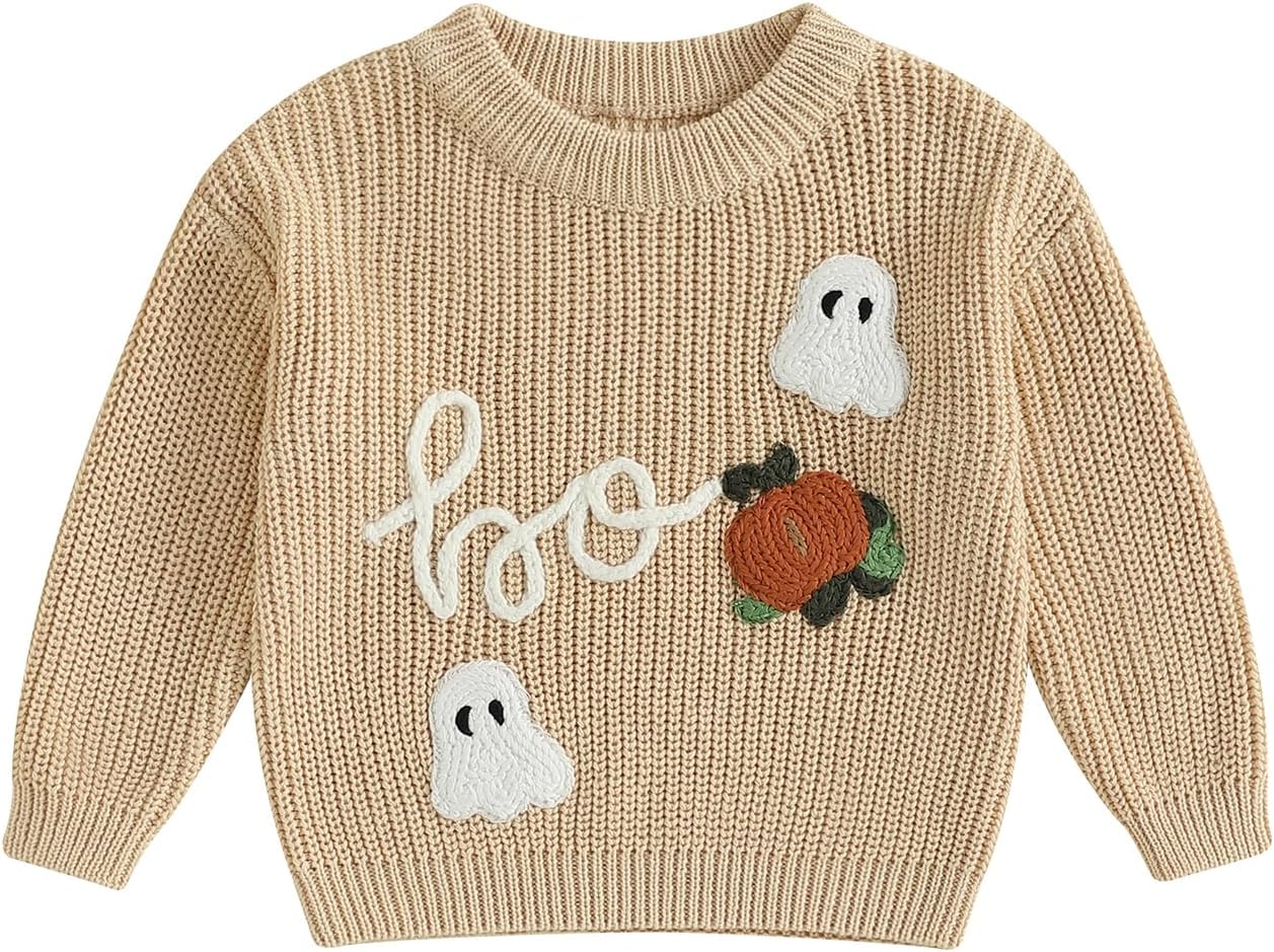 Newborn Baby Girl Boy Knit Sweater Halloween Outfit Embroidery Warm Crewneck Tops Fall Winter Clothes Beige3 18-24 Months