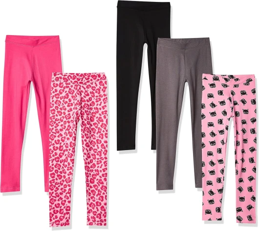 Girls and Toddlers' Leggings, Multipacks 5 Animal Print/Black/Cat/Dark Grey/Pink 4T