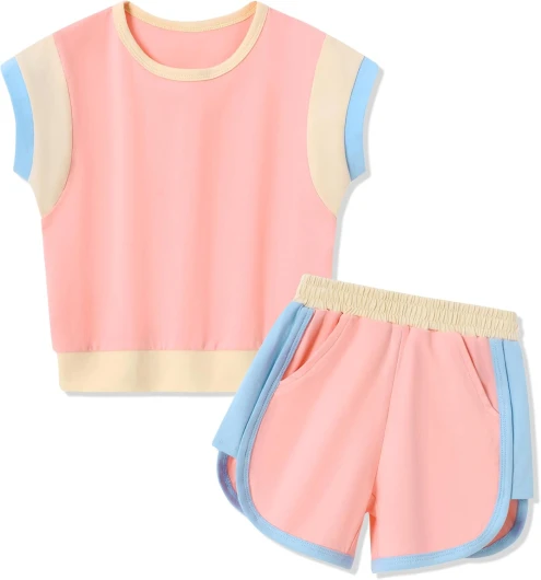 Toddler Girl Clothes 2025 Summer Toddler Girls Color Block Short Sleeve Shorts Sweatsuit Outfits