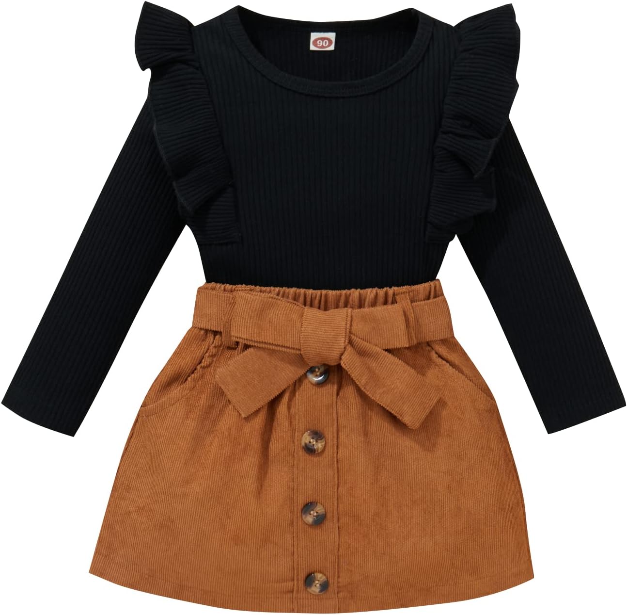 Baby Toddler Girl Outfits Fall Winter Clothes Turtleneck Knitted Cotton Long Sleeves Tops & Button Mini Skirts Set B Black&brown 2-3T