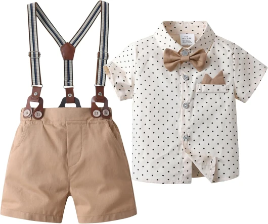 Baby Boys Gentleman Shorts Sets, Infant Outfits Suits, Shirt+Shorts+Bow Tie+Suspenders