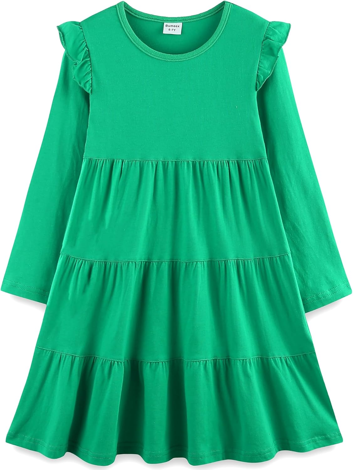 Girl's Dresses Cotton Ruffle Sleeve Tiered Swing A-Line Cute Midi Casual Sundress 5T #Green