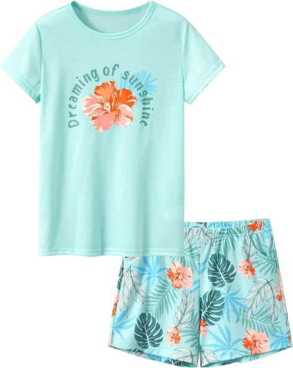 Tween Girls Pajamas Trendy Tie Dye Spiral 2-Piece Shirt & Shorts PJ Set Jammies Size 6-18 10 Green Tropical (Short Set)