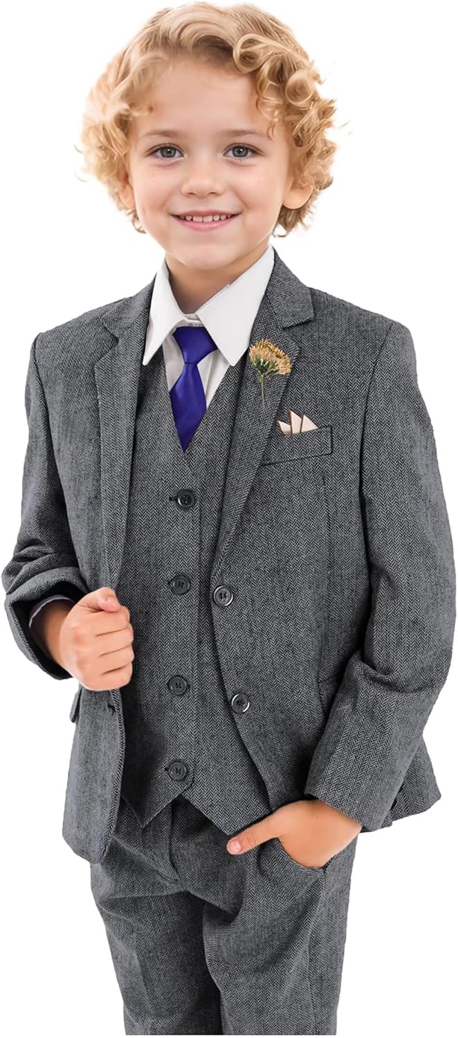 Retro Boys Slim Suits Tweed Herringbone Suit 3 Piece Formal Kids Wedding Ring Bearer Outfits Tuxedos Jacket Vest Pants Grey 16