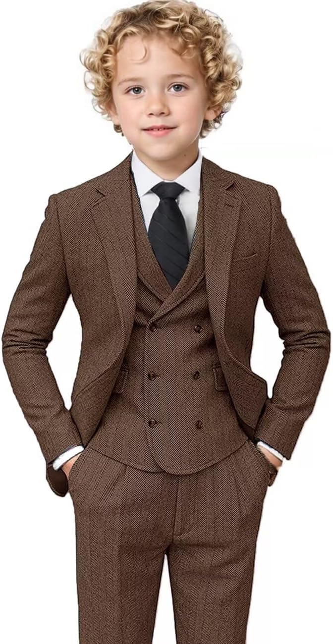 Boys Tweed Suit 3 Piece Tuxedo Suit for Boys Two Button Suits Jackets Vest Pants Set for Kid Light Brown 12