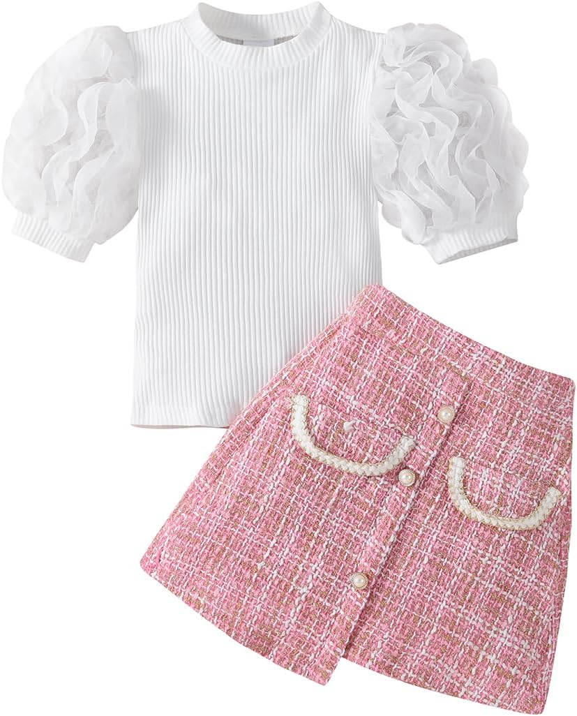 Toddler Little Girl Summer Outfits Puff Short Sleeve Tops Plaid Tweed Skirt Set Kids 2Pcs Fashion Clothes 3-4T White Shirt+pink Skirt