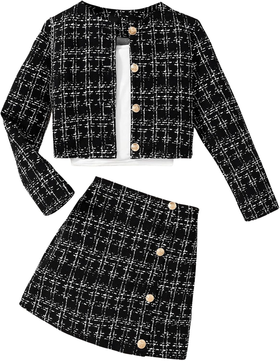 Girl's 2 Piece Outfits Plaid Tweed Half Sleeve Jacket and Ruffle Mini Skirt Set 11Y Black Tweed