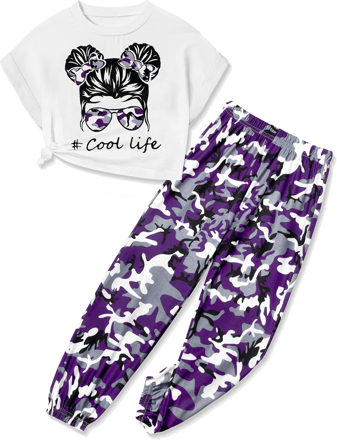 Girls 2 Piece Outfits Kids Clothes Cute Cool Girl Crop Tops + Camouflage Pants Summer Clothing Sets 9-10 Years Purple Camo