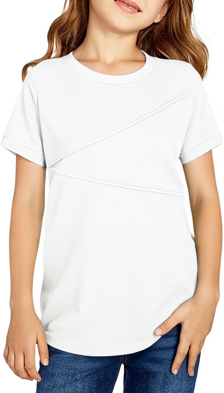 Girls Short Sleeve T Shirts Kids Fashion Pleated Color Block Tops Casual Crewneck Tees 5-14 Years White 11-12 Years
