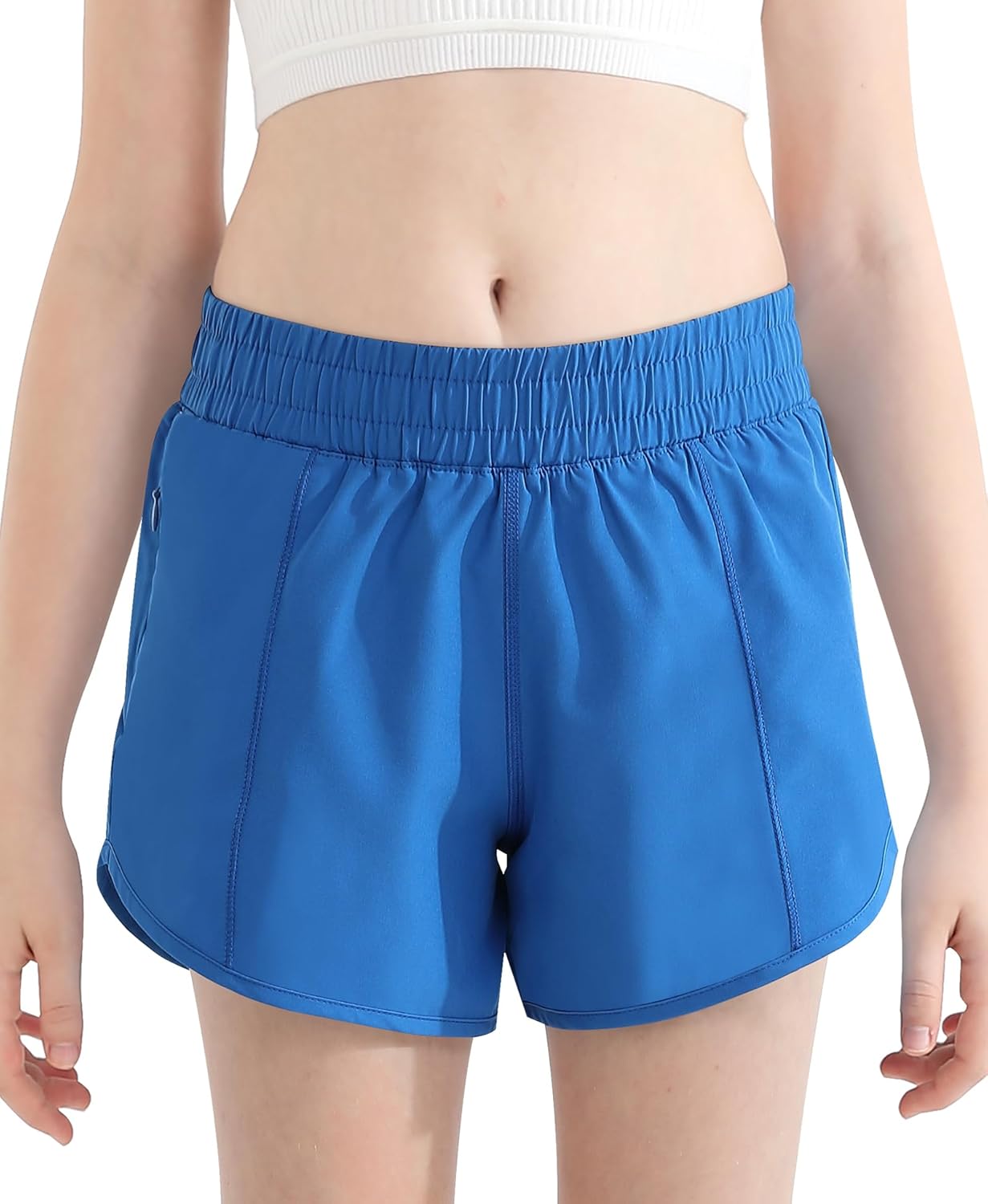 Girl's Athletic Shorts with Liner Zipper Pockets Quick Dry Running Shorts Sports Active Shorts for Teen Girls Blue Large