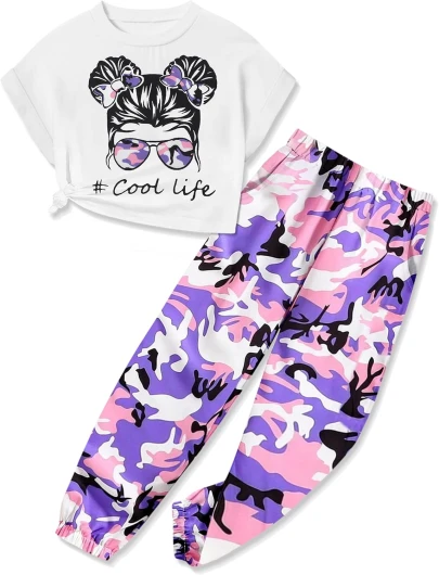 Girls 2 Piece Outfits Kids Clothes Cute Cool Girl Crop Tops + Camouflage Pants Summer Clothing Sets 7-8 Years Violet Purple