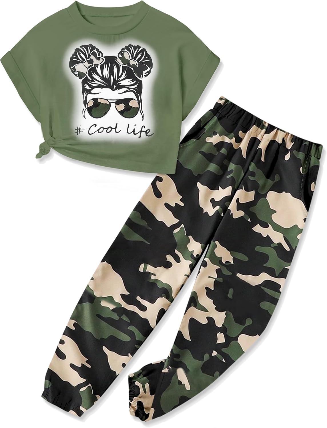 Girls 2 Piece Outfits Kids Clothes Cute Cool Girl Crop Tops + Camouflage Pants Summer Clothing Sets 7-8 Years Green+camo