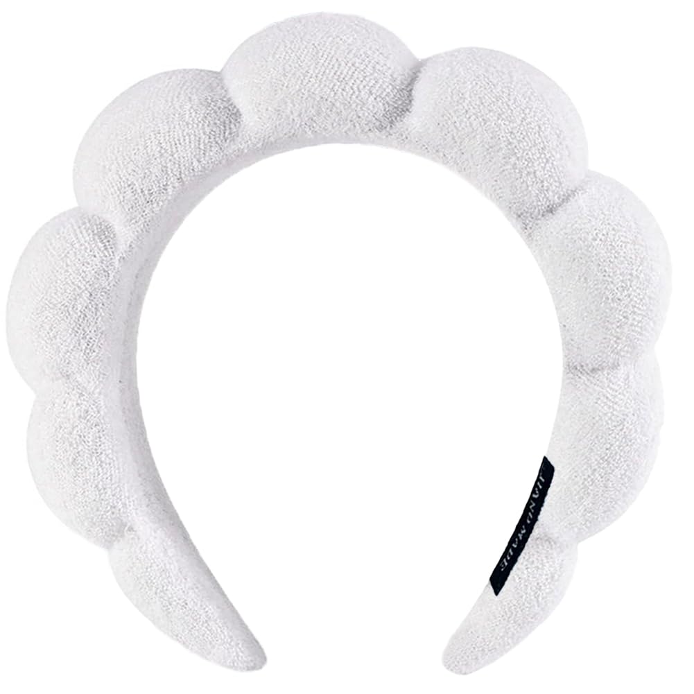 Spa Headbands for Washing Face or Makeup, Sponge Bubble Skincare Headbands, Puffy Terry Cloth Hairband for Women, Skin Care Makeup Headwear Hair Accessories for Girls (White)