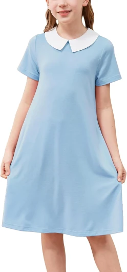 Girls Peter Pan Collar Vintage Casual Loose Straight Swing T-Shirt Dress with Pockets 4-14Y 12 Years Light Blue
