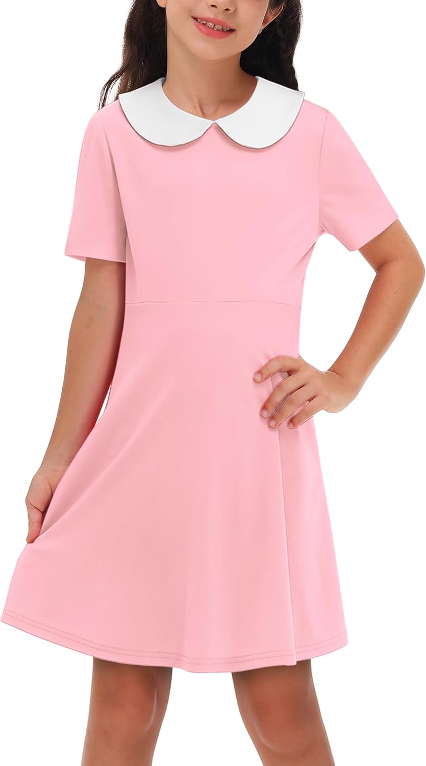 Girl's Peter Pan Collar Dress Short Sleeve Casual Flare Skater Dresses 5-14 Years 9-10 Years Light Pink