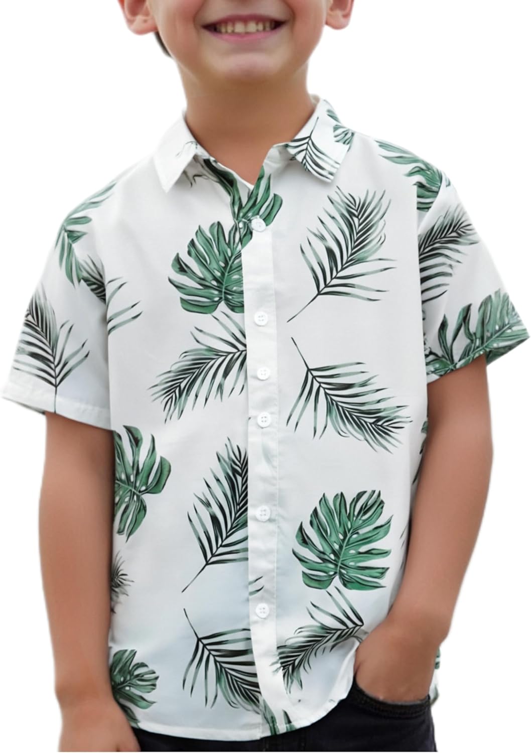 Boy's Short Sleeve Collar Button Down Graphic Tropical Print Shirt Top 10 Years Green