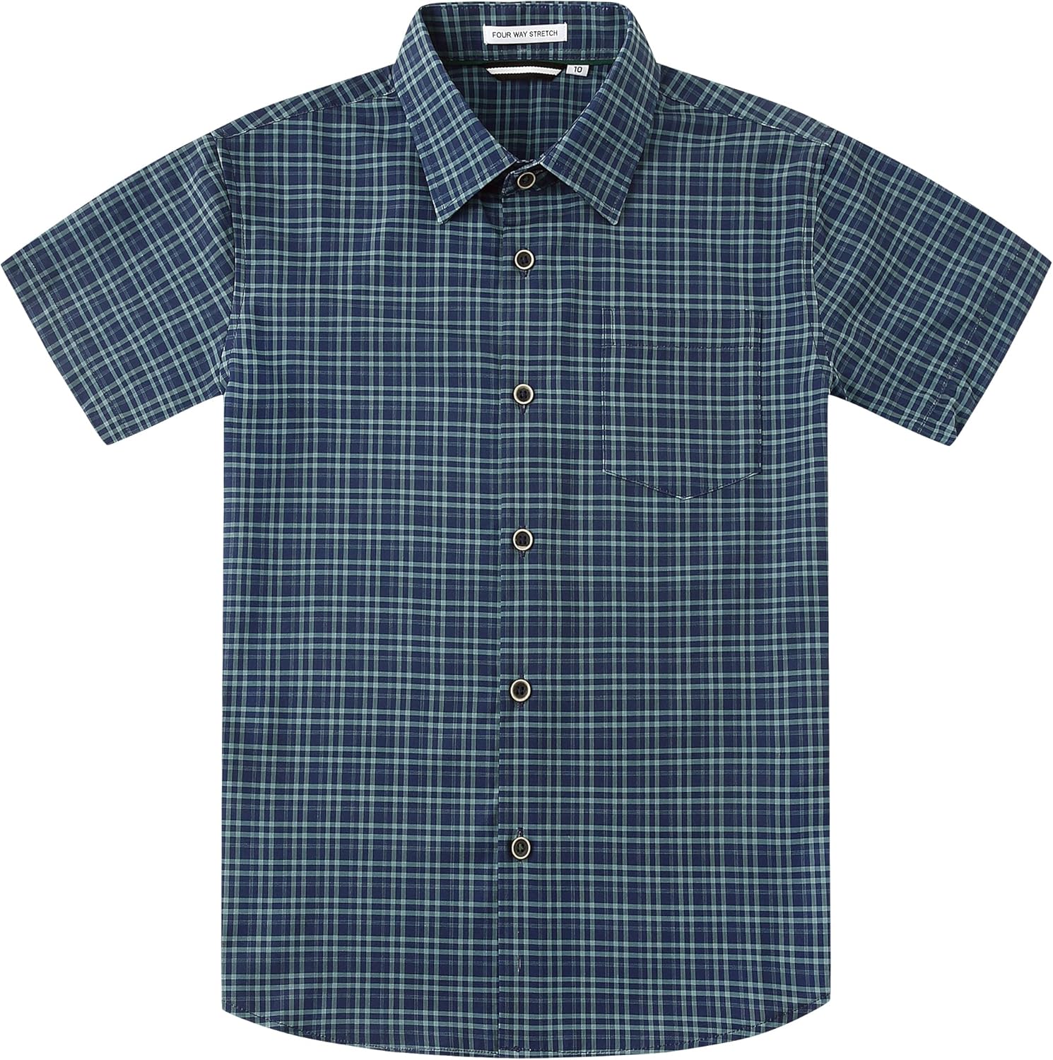 Boys Casual Button Down Shirts Wrinkle Free 4-Way Stretch Dress Shirs Short Sleeve Plaid Summer Shirts for Boy Navy/Green 10 Years