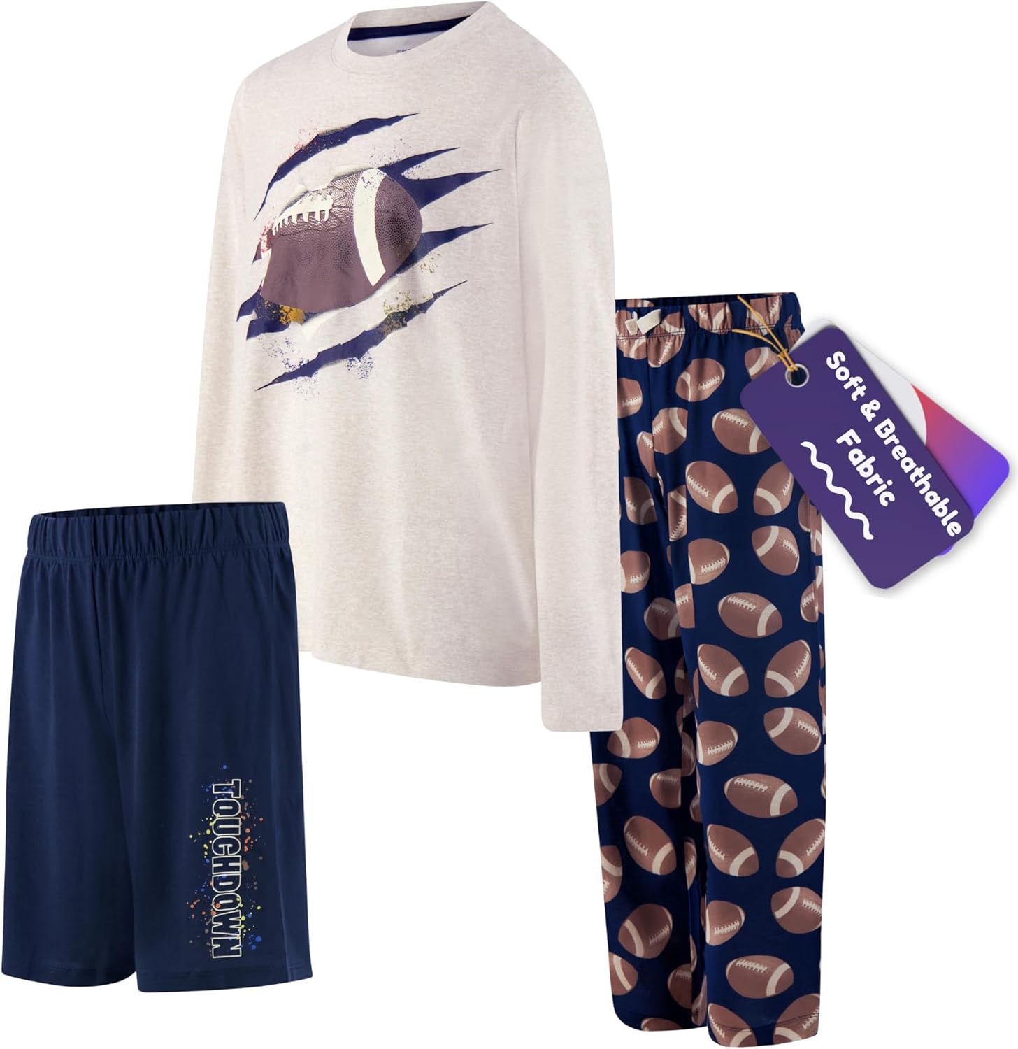 Boys Pajamas Set, 3-Piece Boys’ Sleepwear Pjs, Loose Fit, Soft, Breathable, Teens and Kids - Size 7-8, 10-12, 14-16 14-16 Navy Football