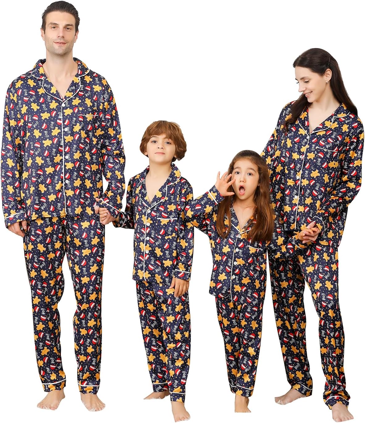 Family Christmas PJs Matching Sets 2 Pcs Festival Party Pajamas Holiday Warm Sleepwear Couples Button Loungewear Youth 2-3T Silk Blue Gingerbread Man