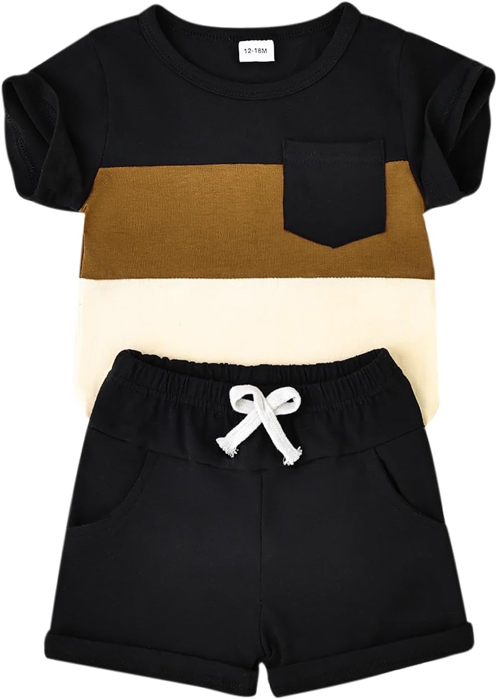 Baby Boy Clothes Toddler Boy Summer Outfits Short Sleeve Patchwork Top T-shirt & Pocket Pant Set 2 Piece 12 Months-4T 18-24 Months Black Brown