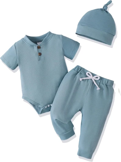 Newborn Baby Boy Clothes Ribbed Knitted Romper Pants Color Block Infant Outfits Hat Clothing Set 0 3 6 9 12 Months Newborn Blue-new