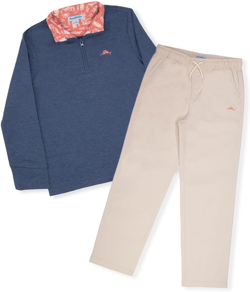 Boys Pullover Quarter-Zip Long-Sleeved Sweater & Pants Set, Casual 2-Piece Summer Outfit for Kids 7 Dark Denim/Beige